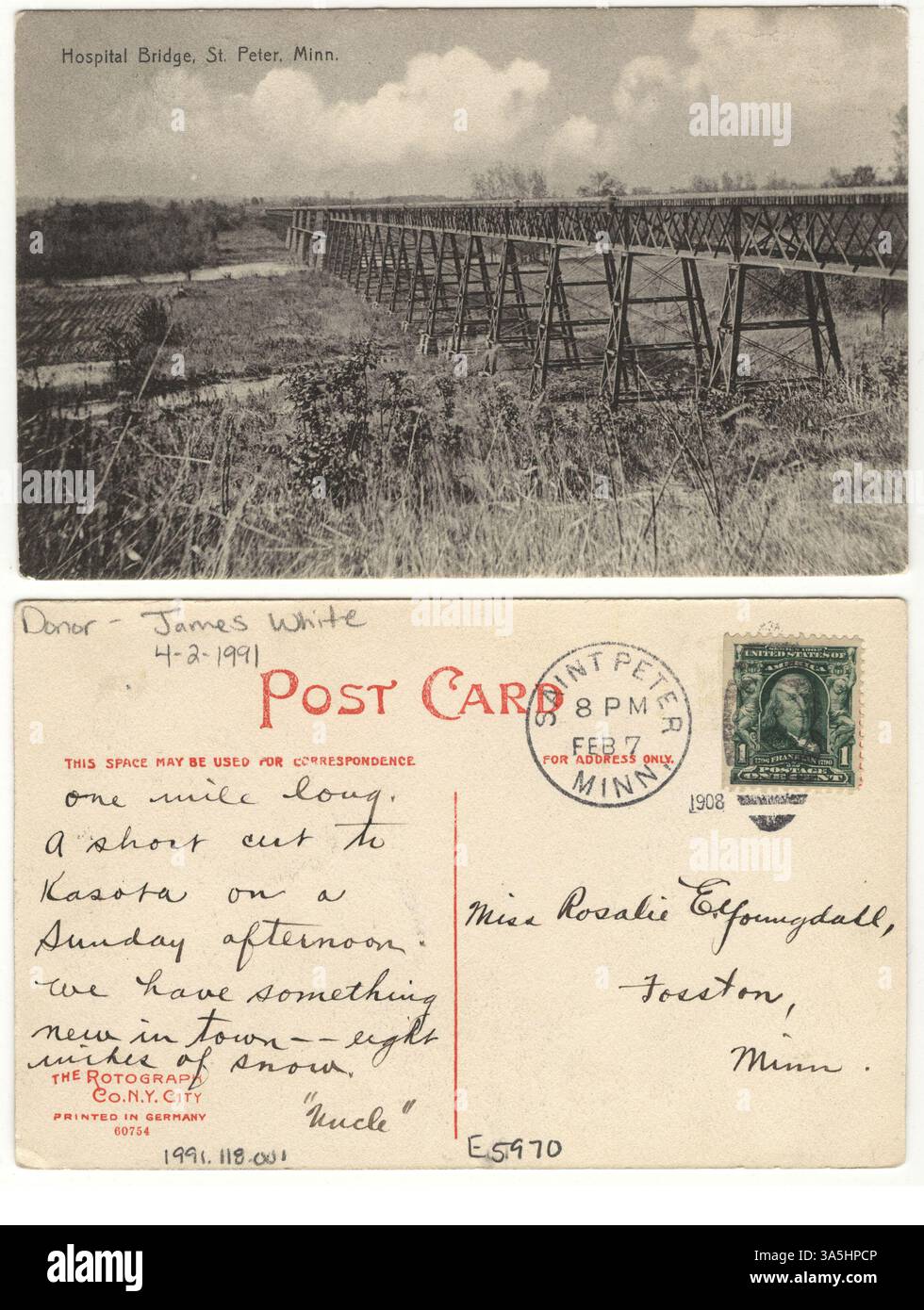 This postcard shows the railroad bridge leading to the St. Peter State ...