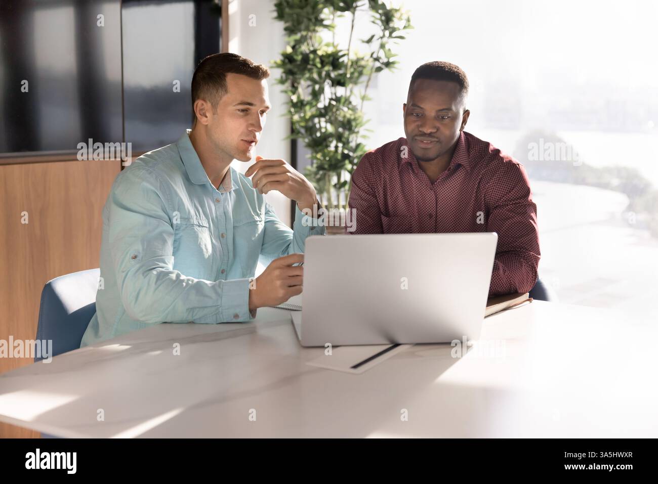 Two young professional men working on joint task using laptop, developing marketing strategy, exchanging point, opinion and vision, gathered in boardr Stock Photo