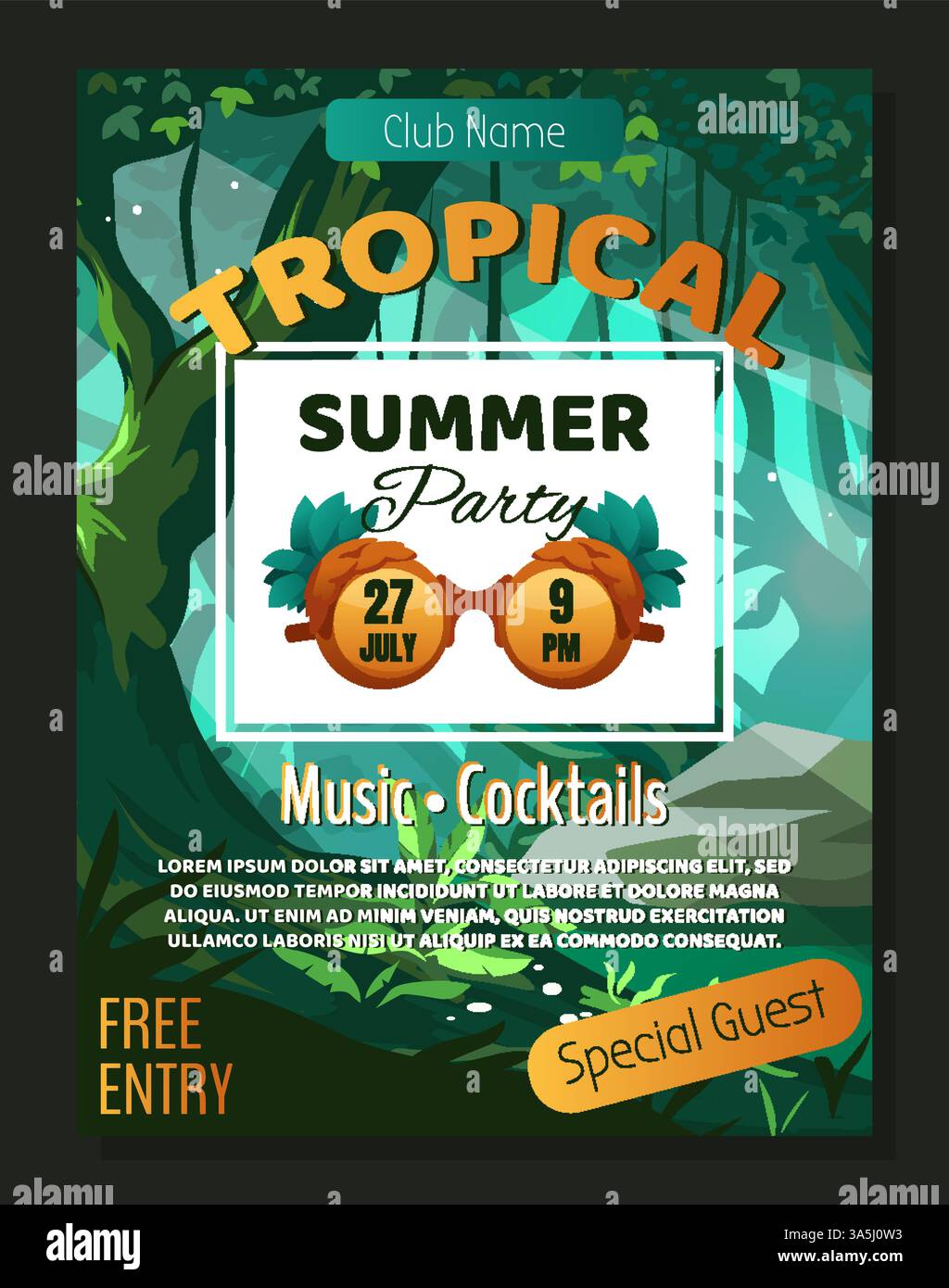 Summer jungle party. Tropical forest. Holiday poster. Tree trunks and leaves. Festive date. Green foliage. Outdoor celebration. Nature park. Music event. Cocktail bar. Vector invitation flyer design Stock Vector