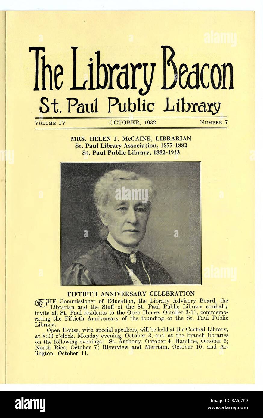 The October 1932 issue of *The Library Beacon* highlights key events and figures related to the Saint Paul Public Library. It features a photograph of Mrs. Helen J. McCaine, librarian from 1882-1913, and celebrates the library’s fiftieth anniversary with an open house. The issue also includes profiles of notable donors and descriptions of library locations, as well as remarks by George H. Locke, Librarian of Toronto Public Library. Stock Photo