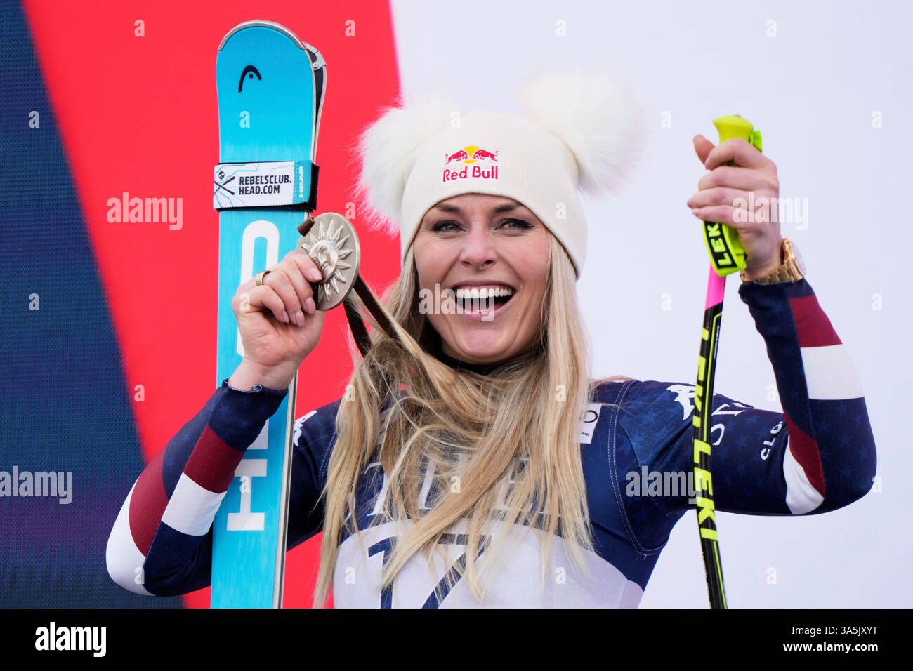 Second place finisher United States' Lindsey Vonn celebrates during a
