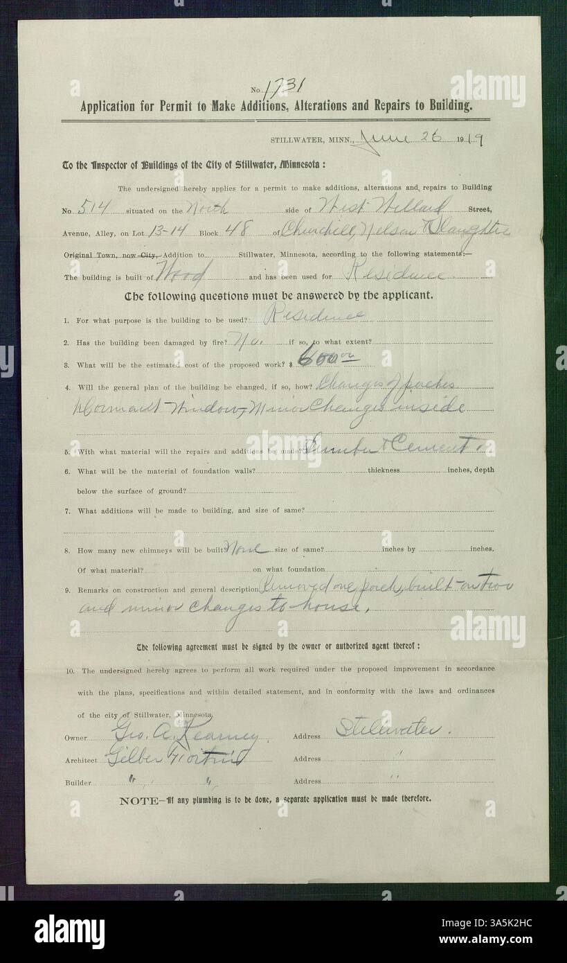 This building permit, granted on June 26, 1919, was for additions and alterations to a residence at West Willard Street, Stillwater. The owner was George A. Kearney, and the builder was Gilbert Fortier. Stock Photo