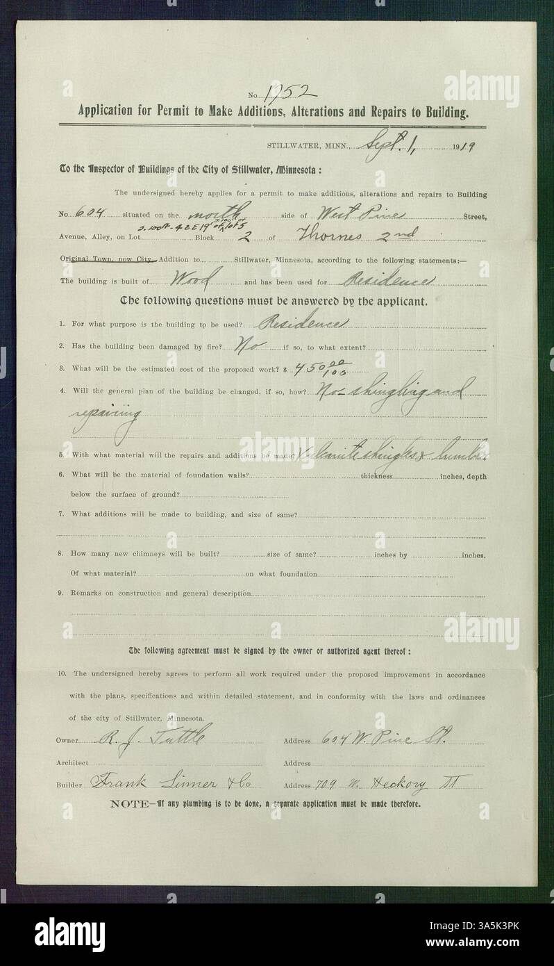 A building permit was issued on September 1, 1919, for additions and repairs to a residence at West Pine Street, Stillwater. The property was owned by R.J. Tuttle, with Frank Linner and Company as the builders. Stock Photo