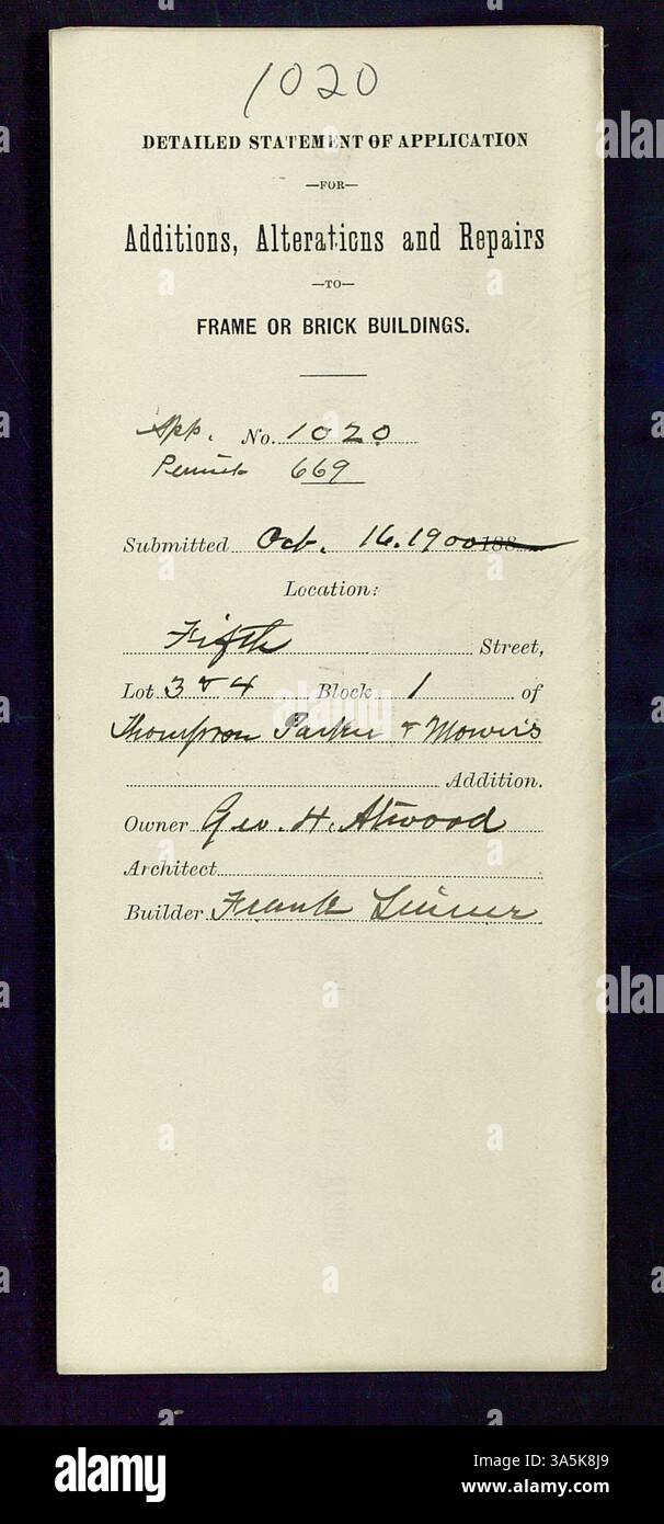 Building permit Number 1746, issued on August 18, 1919, allowed for ...