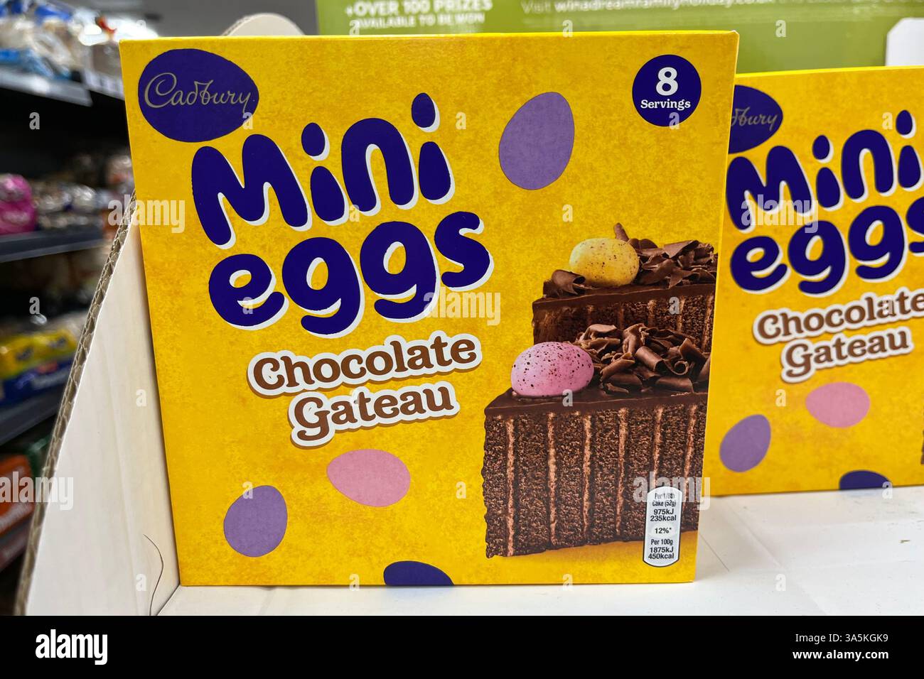 Cadbury Mini Eggs Chocolate Gateau Cake Box on a Supermarket Shelf. 23rd March 2025. - Smartphone Captured Stock Image