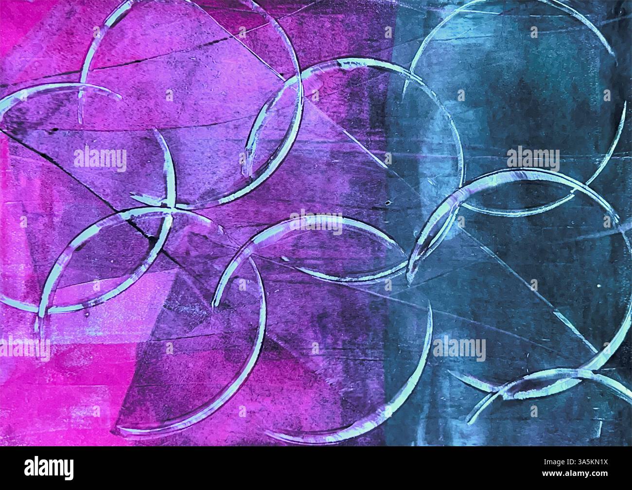 Texture in pink and turquoise green with circular structures, printed using the Gelli Print process. Stock Photo