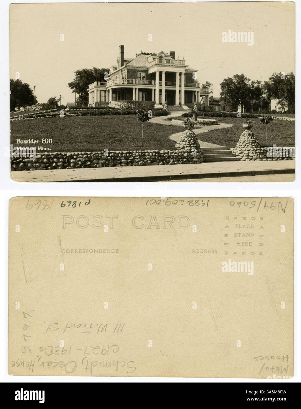 An exterior view of the Oscar Schmidt house, known as Bowlder Hill, in Mankato, Minnesota. The residence is a notable example of early 20th-century architecture in the region. Stock Photo