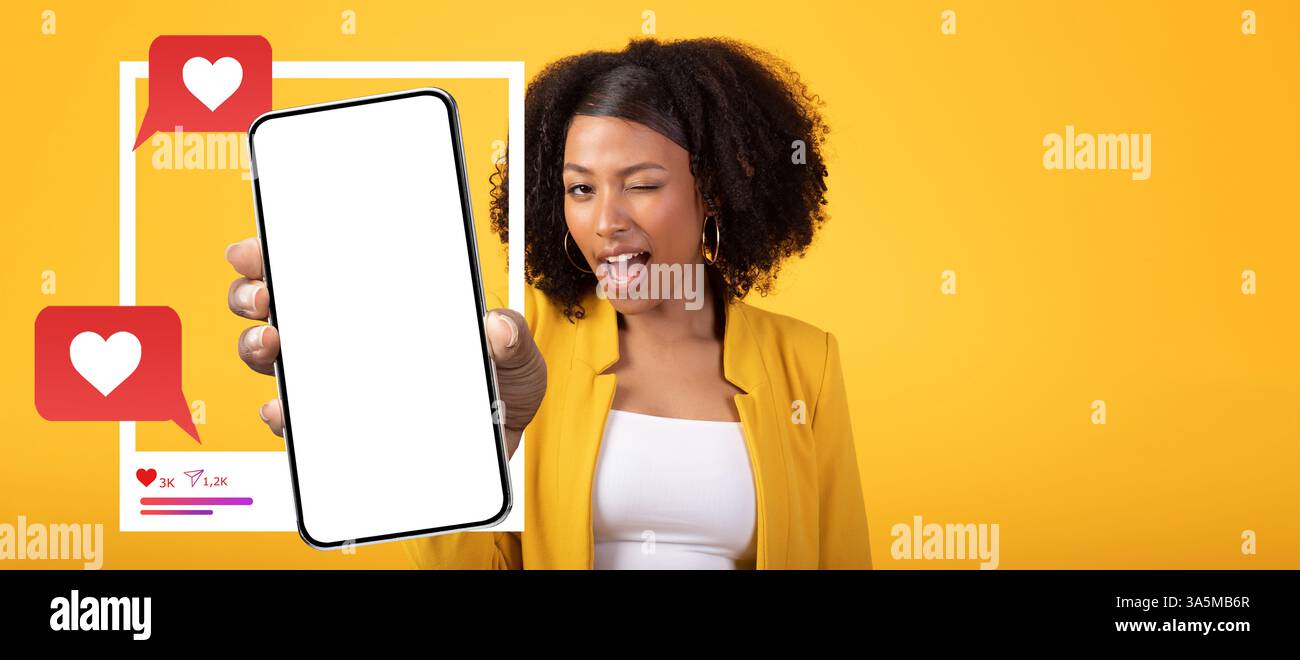 Influencer showcasing smartphone with social media interaction icons ...