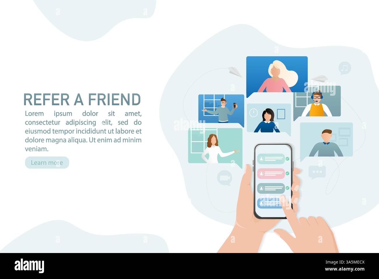 Refer a friend in flat style. Flat business template. Hands holding smartphone. Vector illustration Stock Vector