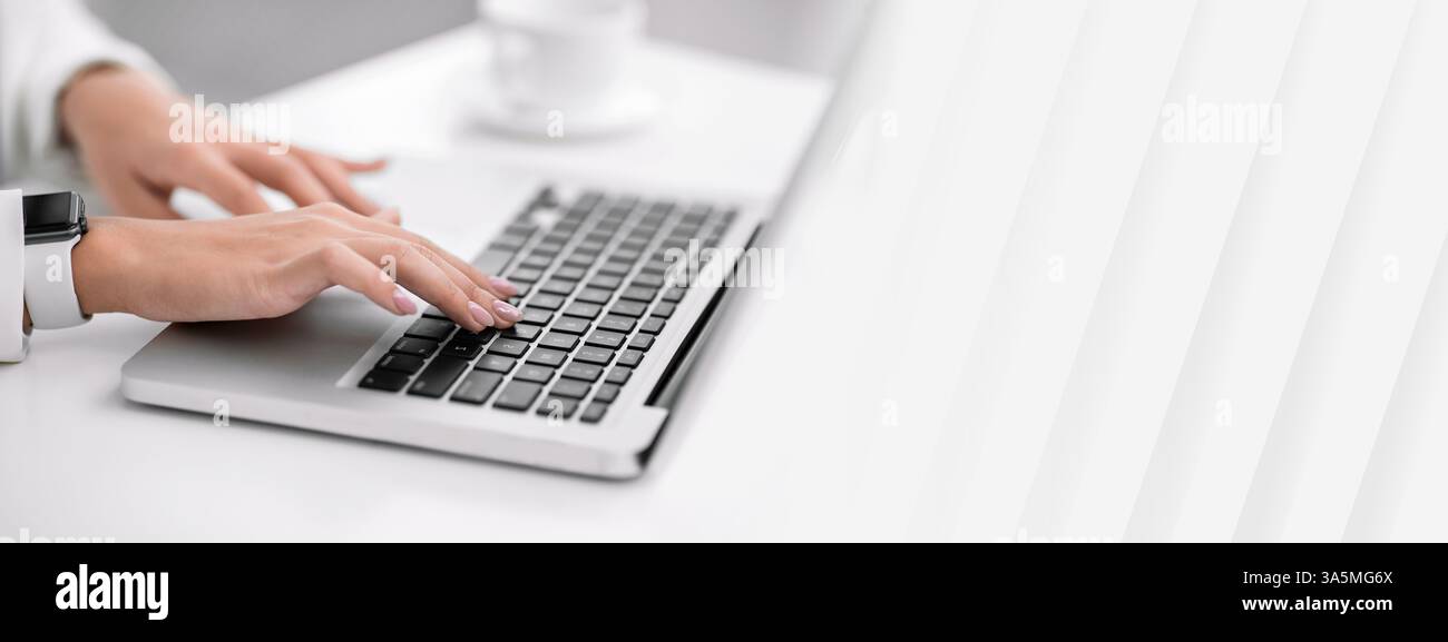Unrecognizable lady working on her laptop at office Stock Photo