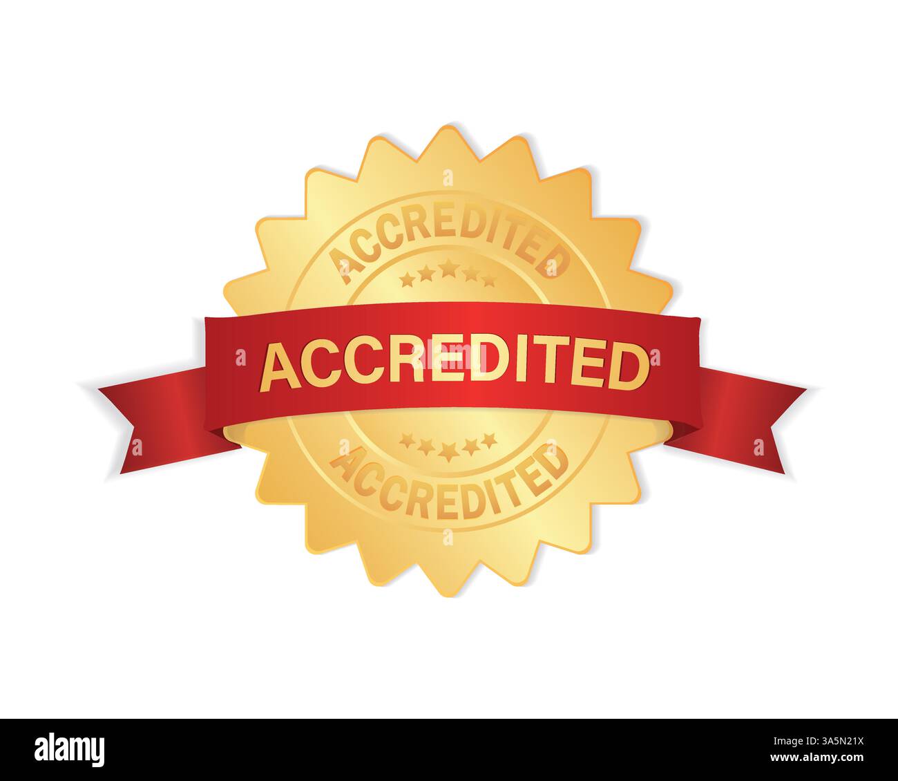 Accredited 3d gold badge with red ribbon sign, label isolated on white ...