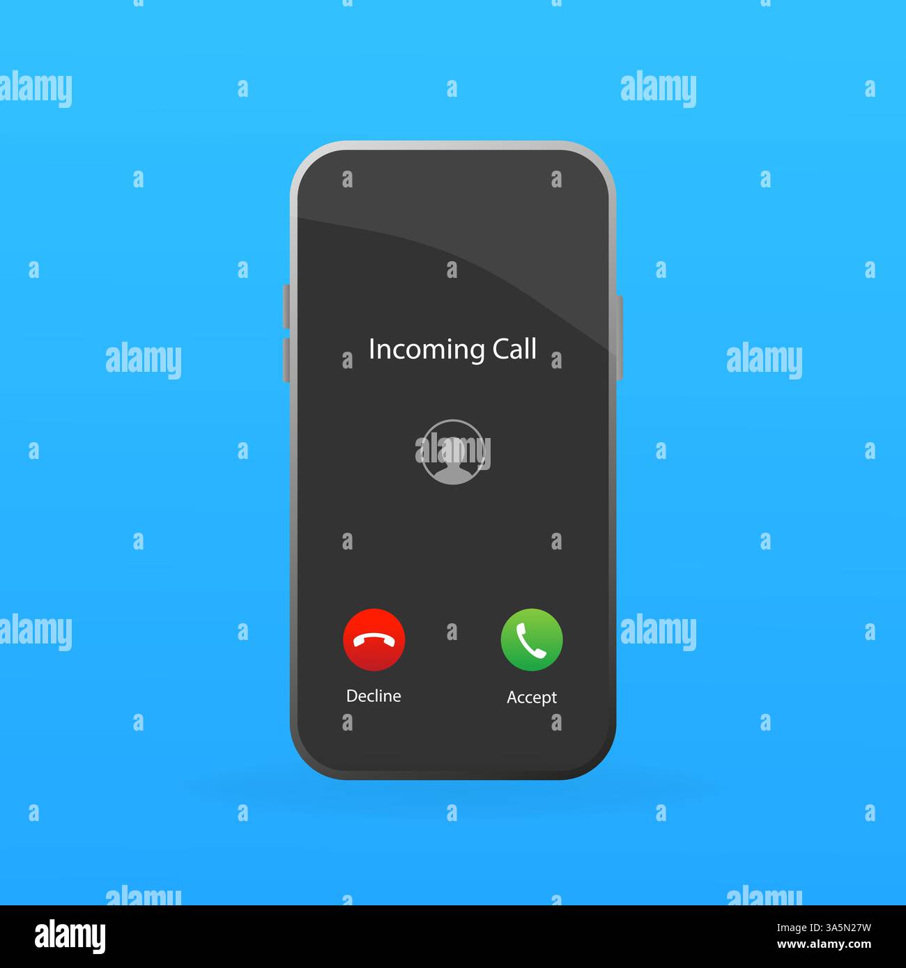 Incoming call in flat style. Perspective vector. Accept button, decline button. Black background. Vector flat design. Call screen mockup. Stock Vector