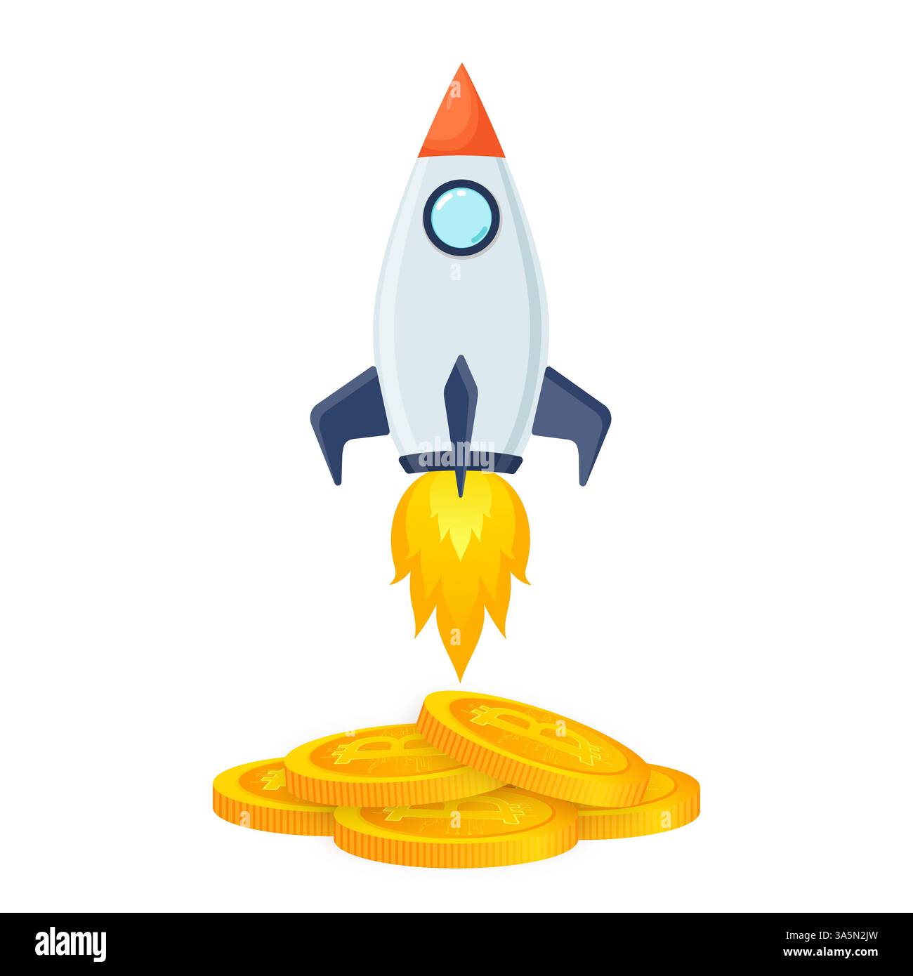 Concept of Crypto currency. Blockchain with a rocket. Bitcoin is Symbol going in to sky. Stock Vector
