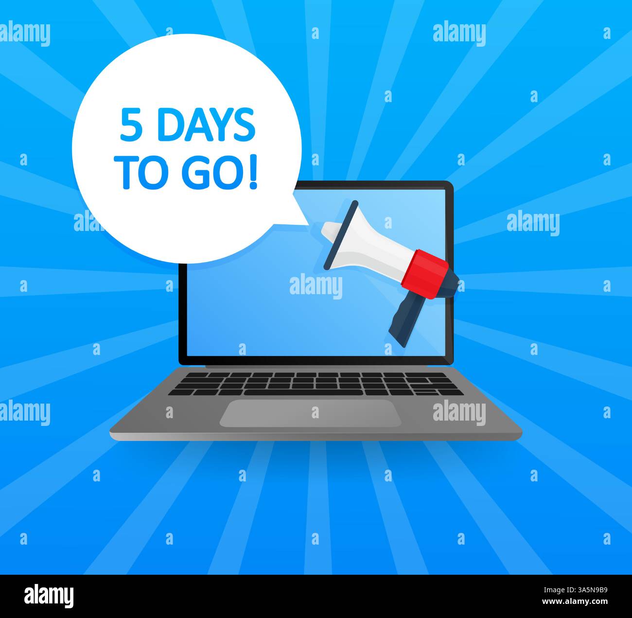 Laptop screen with megaphone. 5 days to go! Emblem, label, badge. Text in speech bubble on blue background. Banner for business. Vector stock Stock Vector