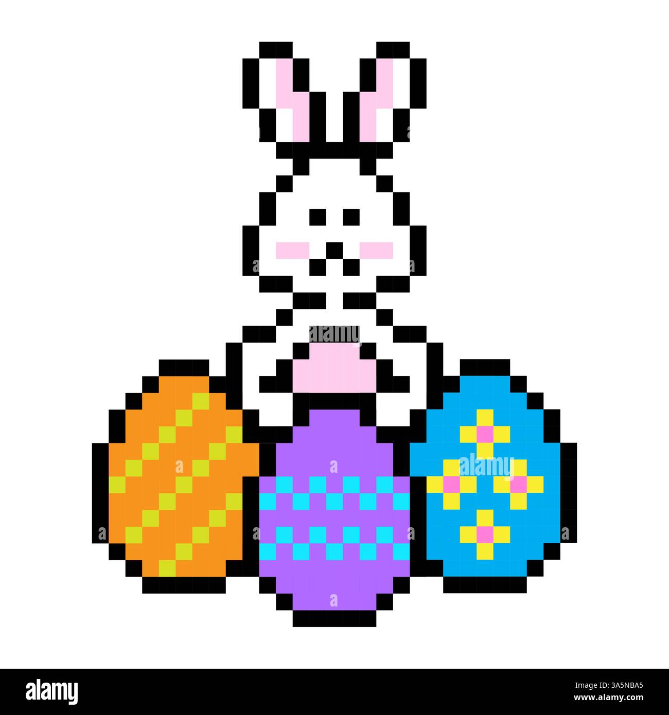 Pixel bunny Easter. Colorful eggs collection. Retro video style. Vector holiday theme. Stock Vector