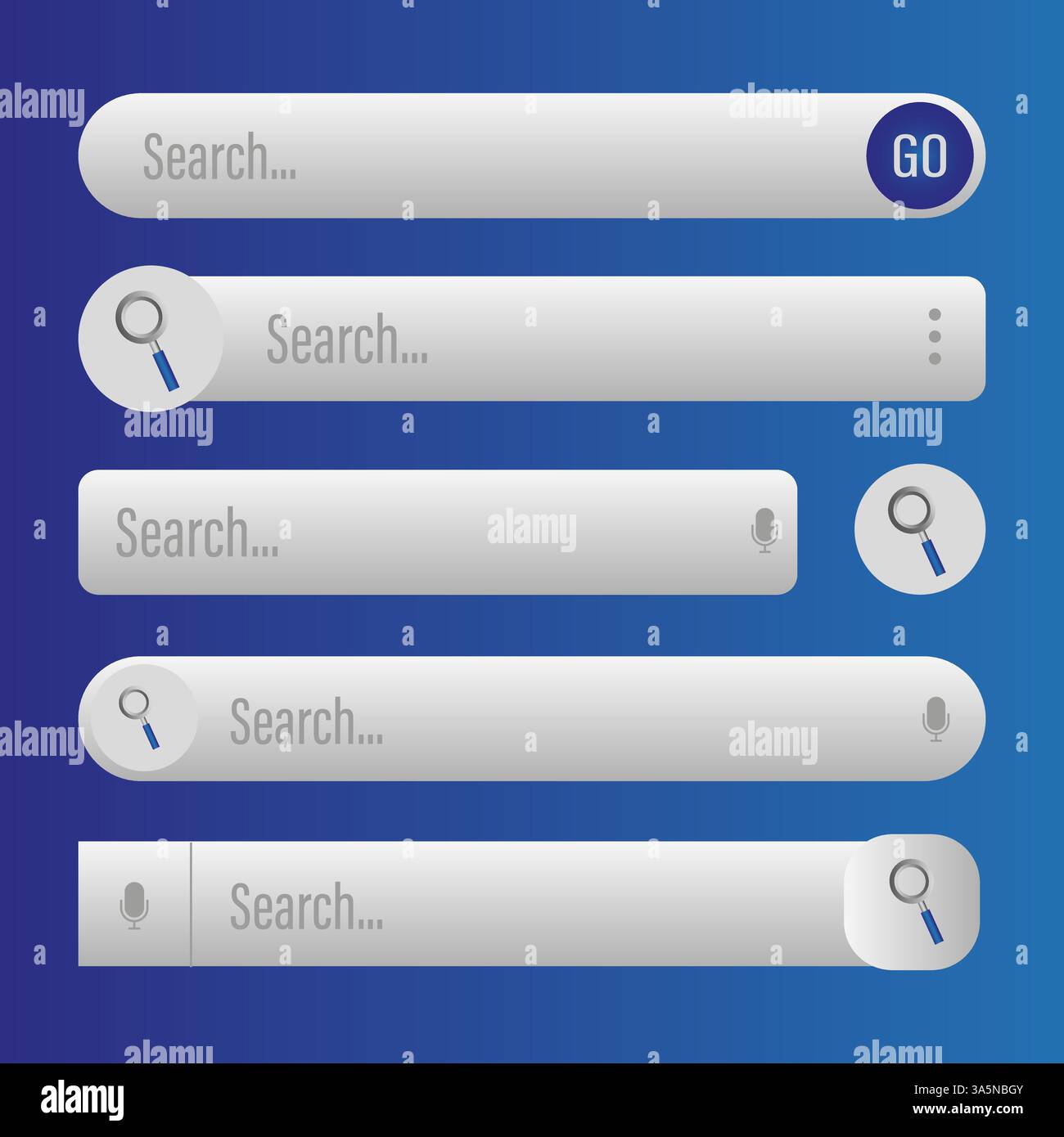 Search bar set. White UI elements. Gradient blue background. Vector interface icons. Stock Vector