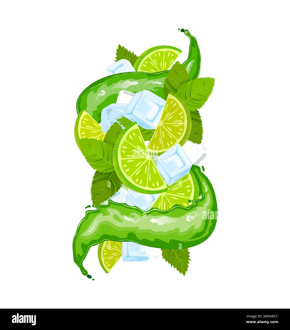 Mojito drink splash with flat style juice wave, ice cubes, lime and ...