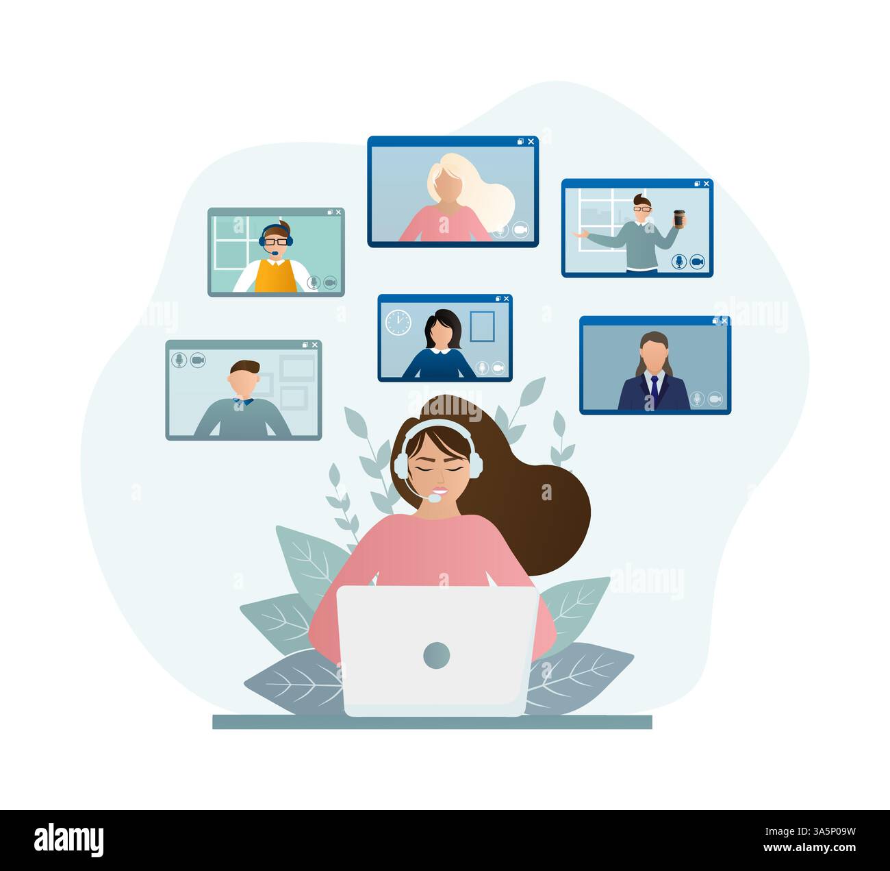 Flat illustration. Video conference. Video call between friends, chatting online by mobile app. Stay at home, work, communication remotely. Vector Stock Vector