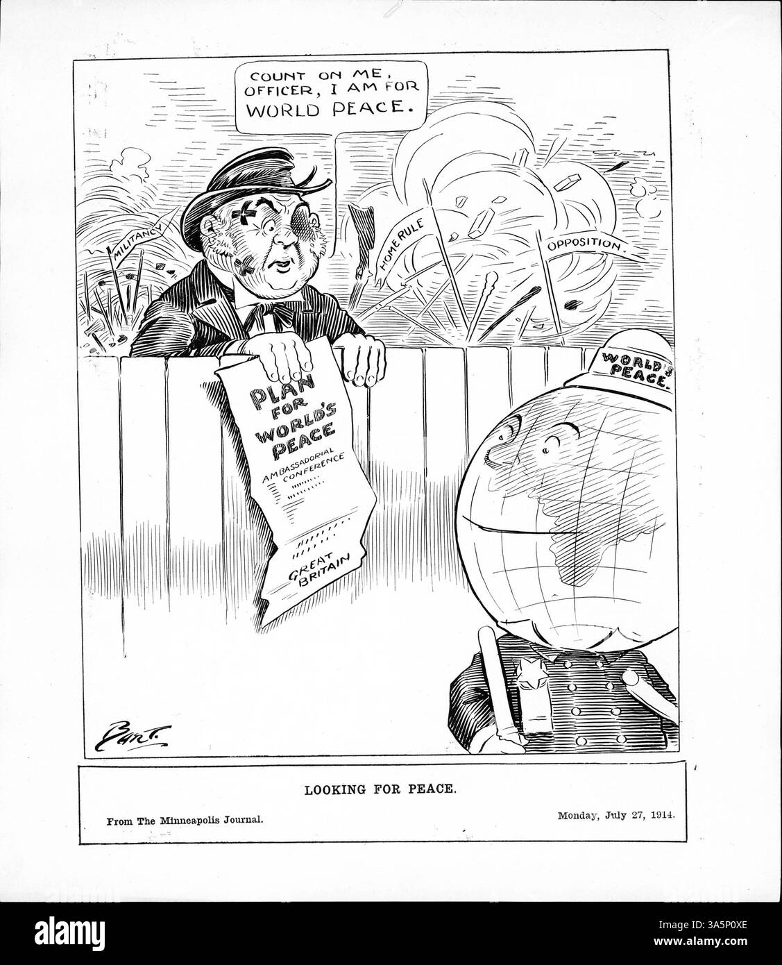 A political cartoon depicts Great Britain, wounded yet holding a peace plan amidst conflicts related to Irish Home Rule and women's suffrage, symbolizing the internal and external struggles of the time. Stock Photo