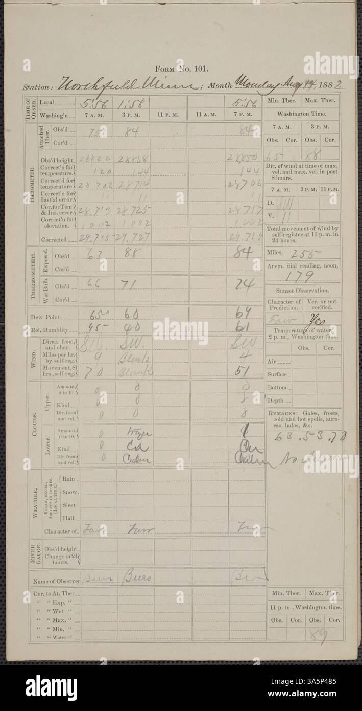 The weather diaries from Carleton College in August 1882 contain ...