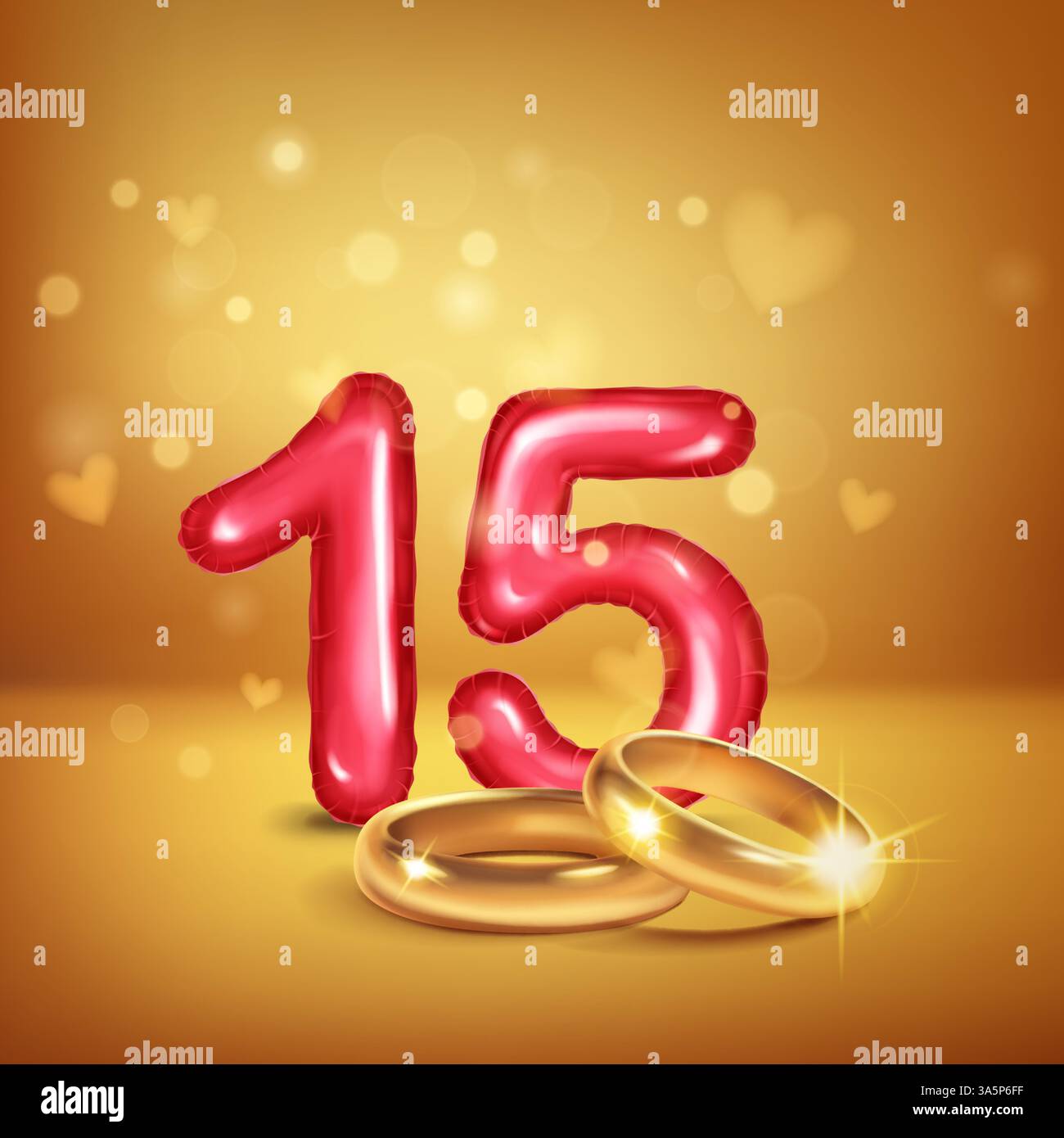 A red number 15 in the form of an inflatable balloons with gold wedding ...