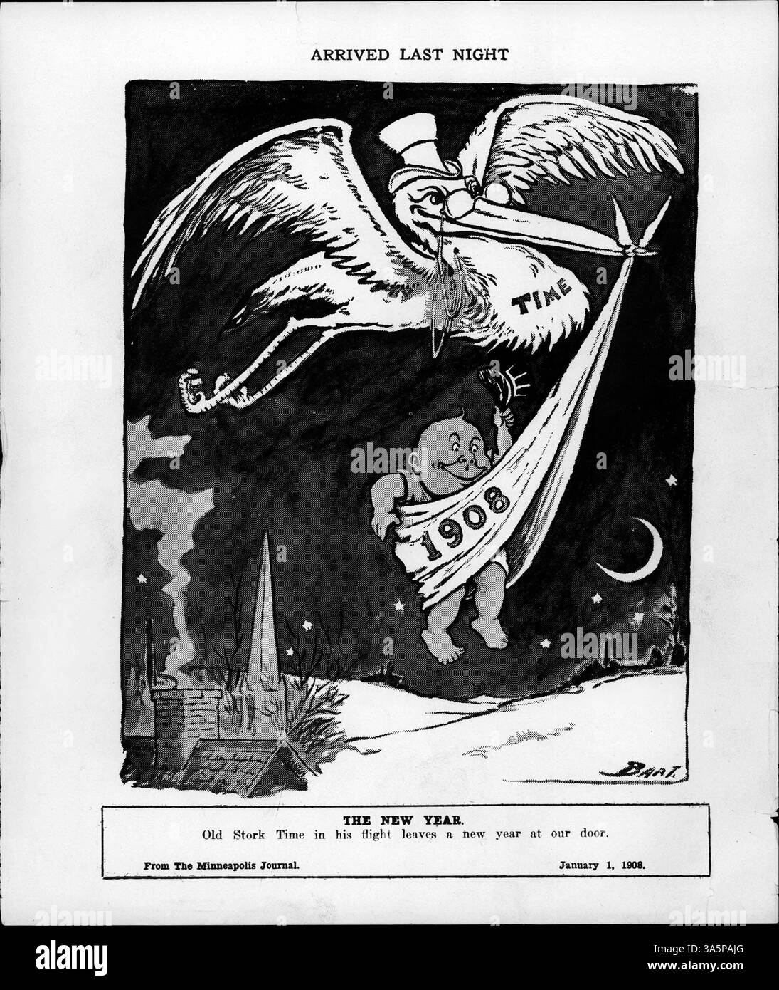 The New Year had just arrived, as depicted in a caption stating 'Old Stork Time In His Flight Leaves A New Year At Our Door.' This marks a moment of transition, symbolizing the arrival of a fresh year in Hennepin County. Stock Photo