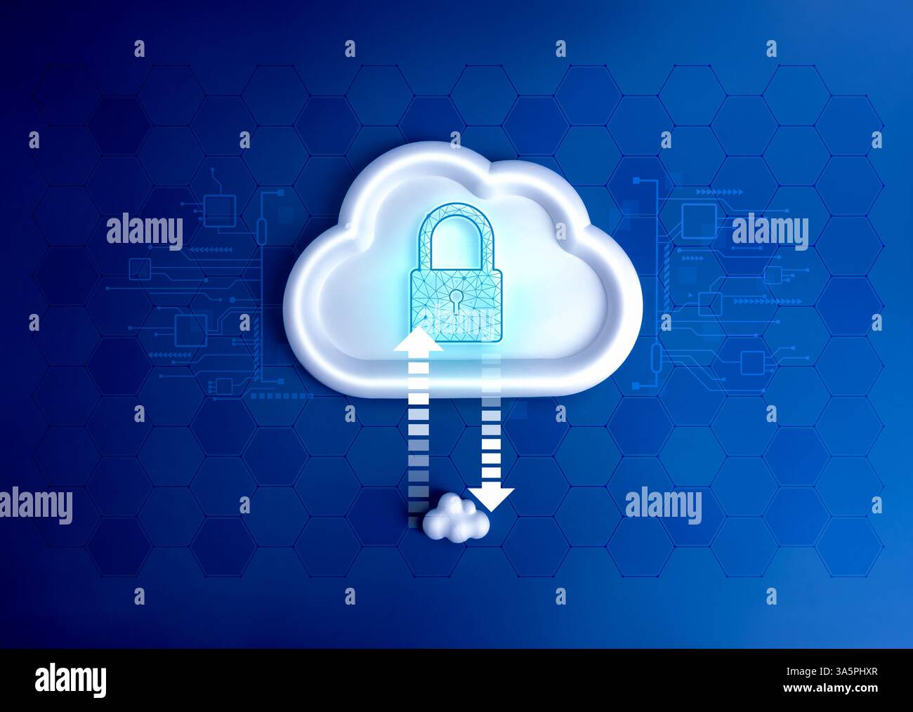 Cloud computing infrastructure technology, data system storage service concept. Digital lock icon on white big cloud with transfer arrows to small one Stock Photo