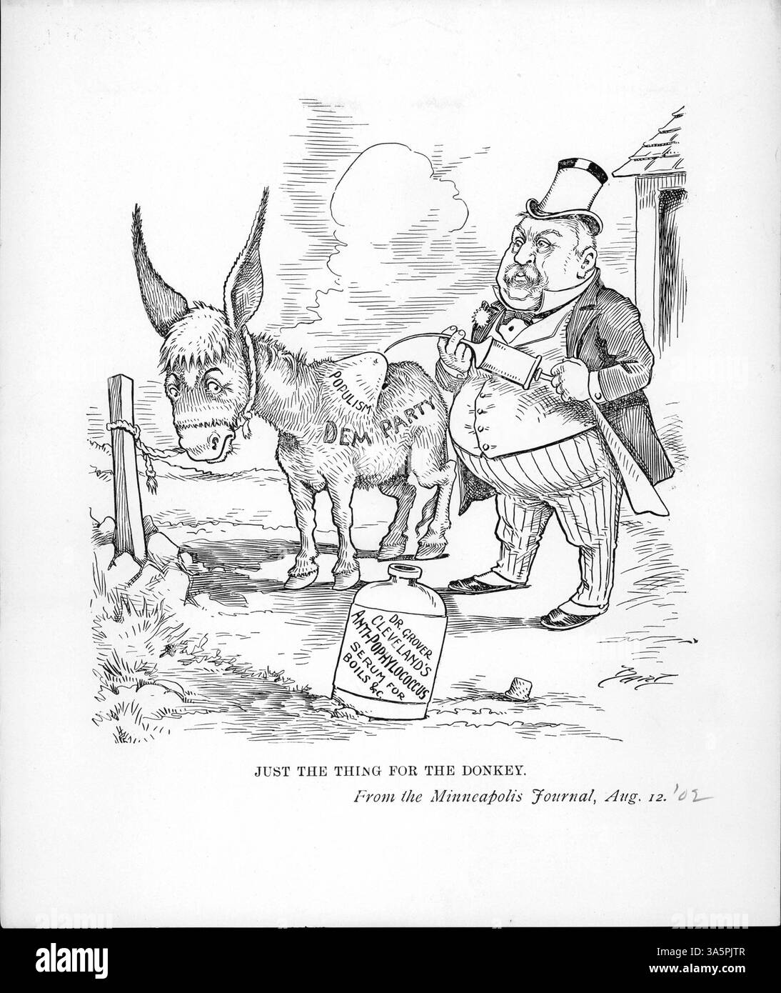 A political cartoon shows Grover Cleveland applying a serum labeled ...