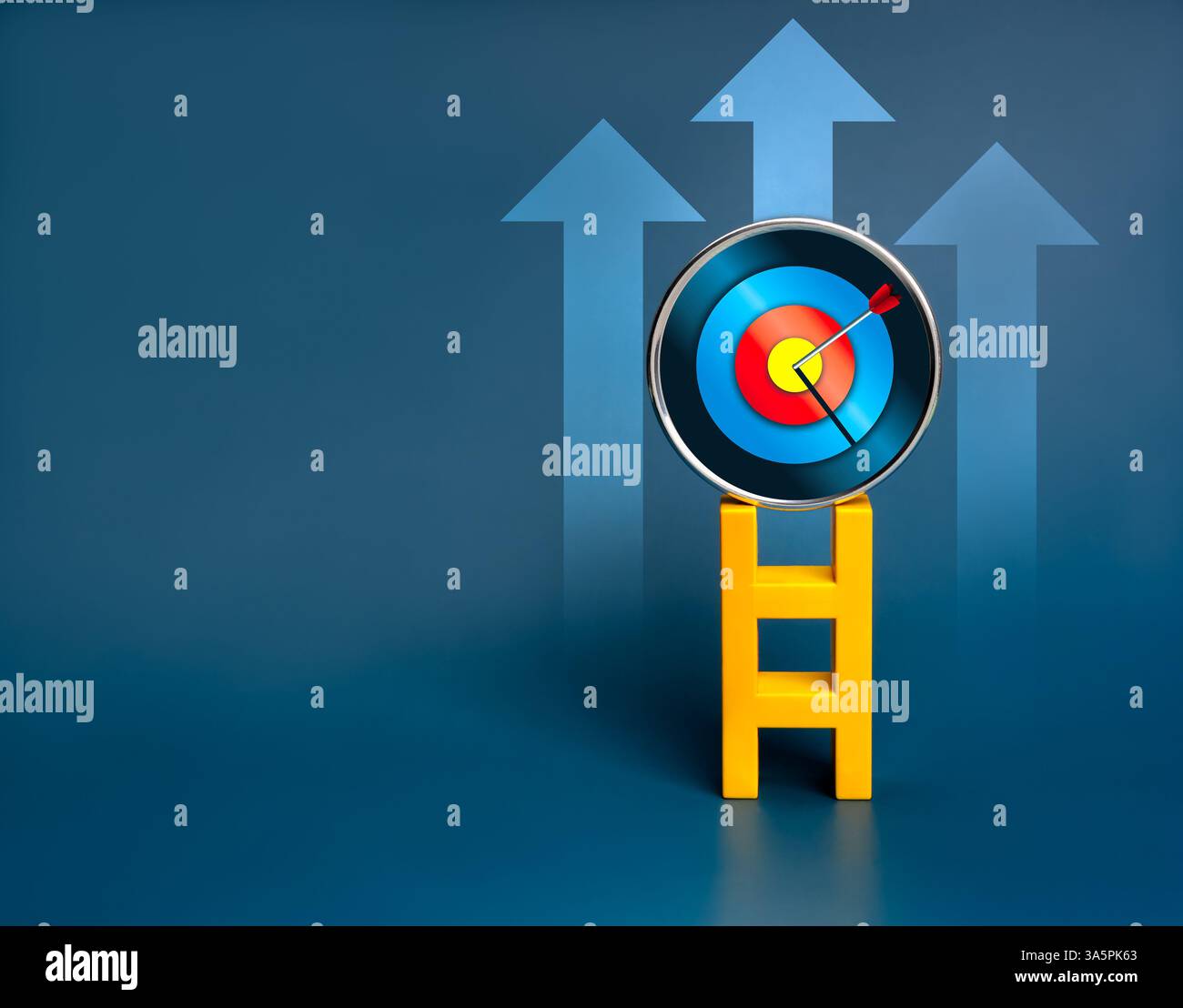 3d target dart icon on round chrome badge on top of yellow with rising ...