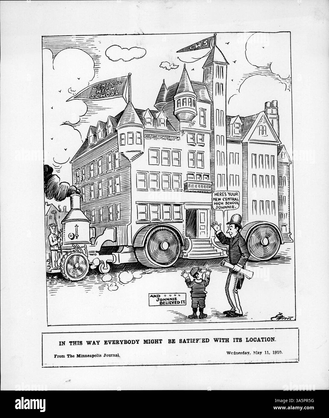 This illustration from 1910 humorously depicts Central High School being relocated on wheels, showing the difficulties in finding a suitable site for the school. Stock Photo
