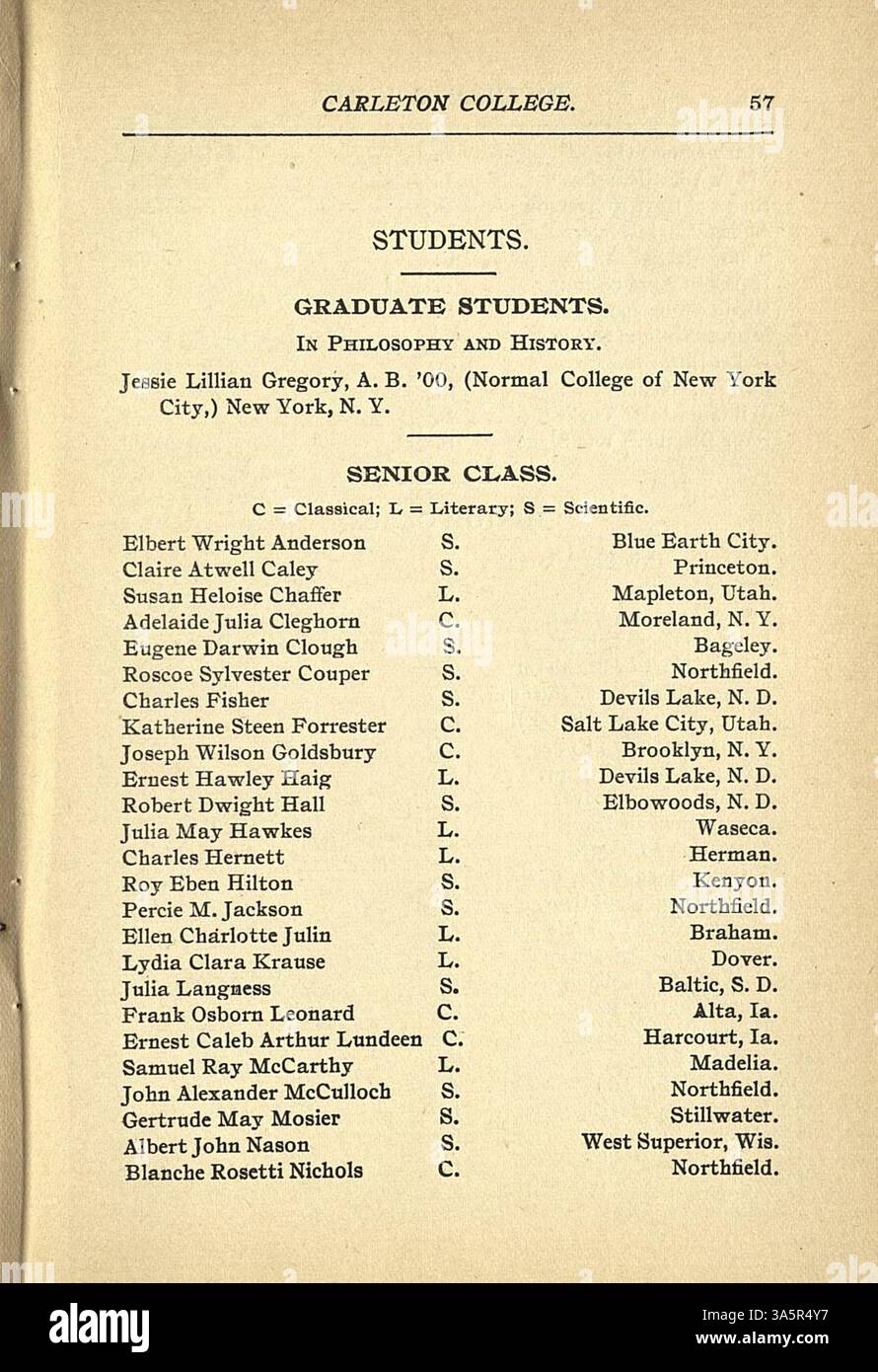The 19001901 academic catalog of Carleton College in Northfield