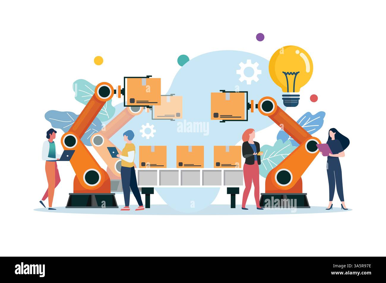 People with automation robot arm machine. obotics industry insights automotive and electronics. smart factory industrial. Stock Vector