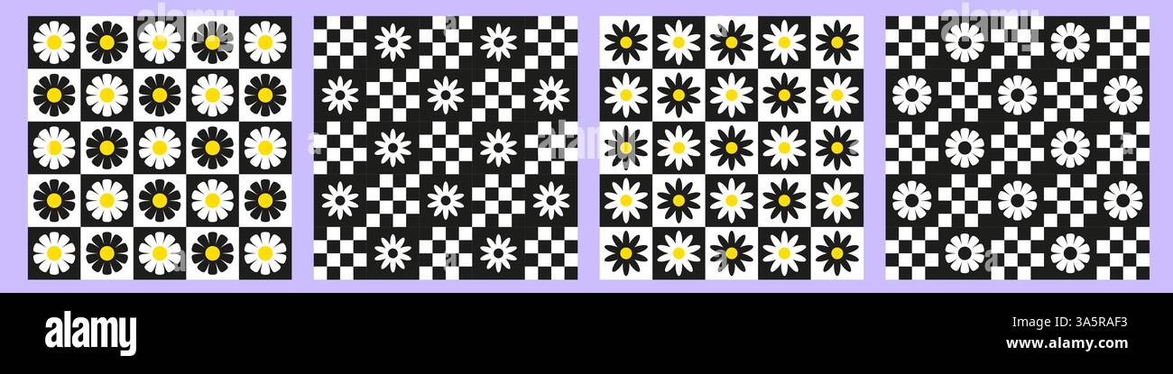 Trendy checkerboard seamless pattern set with daisy flowers Stock Vector