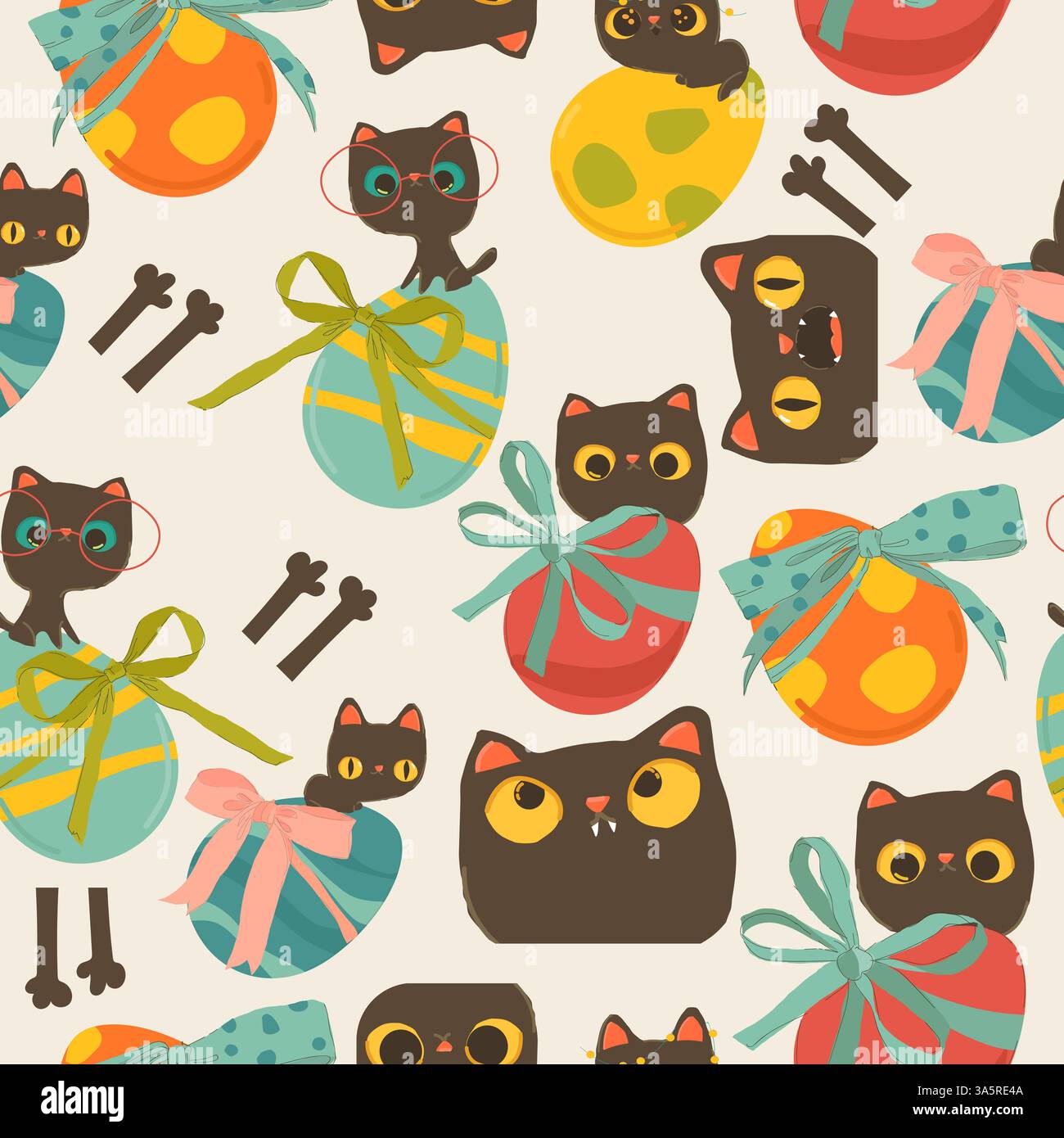 Seamless Pattern with Cute Cats and Easter Eggs Stock Vector