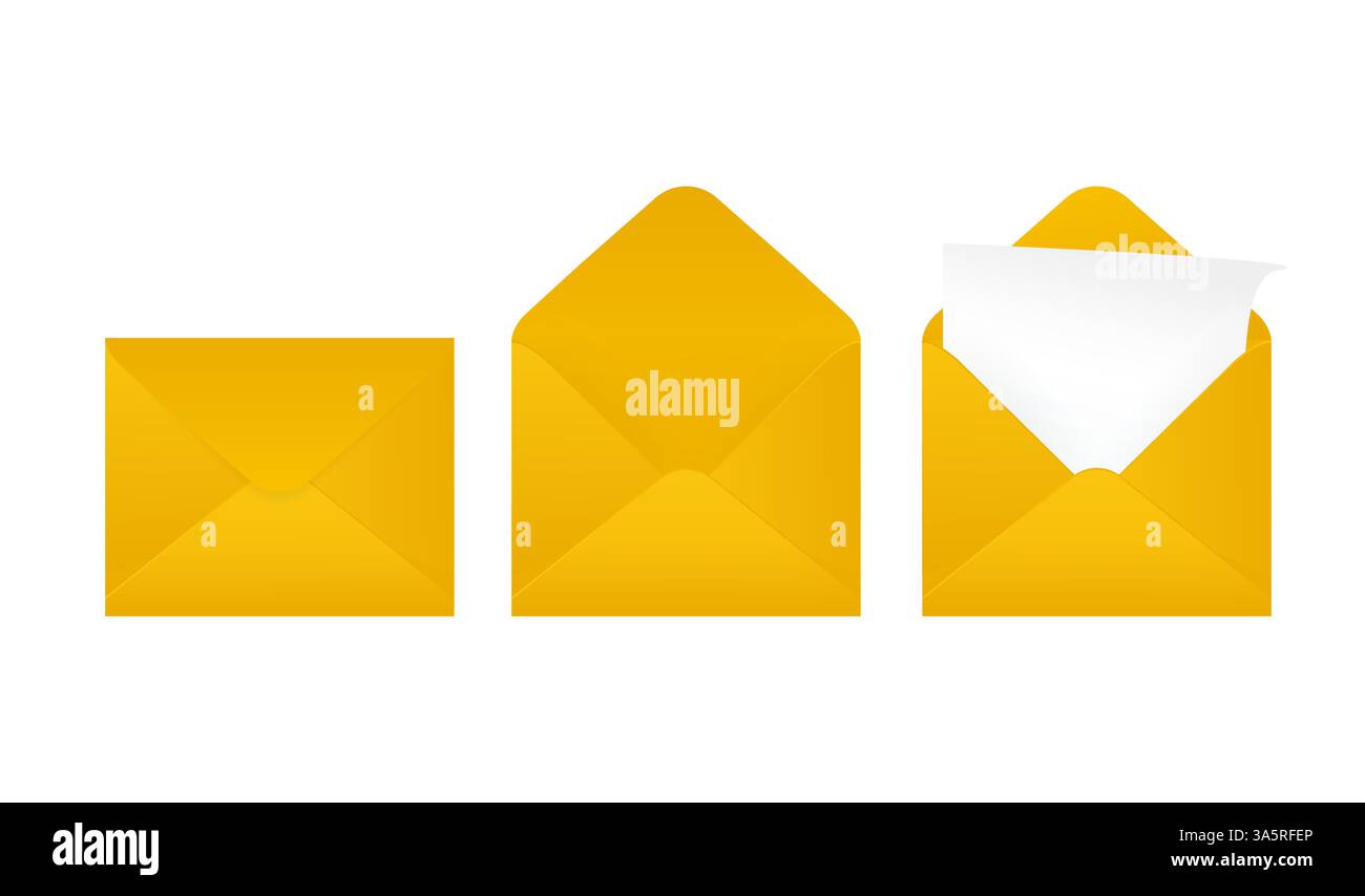 Flat business card with yellow envelope closed on white background for paper design. Blank business card. White background, isolated. Stock Vector
