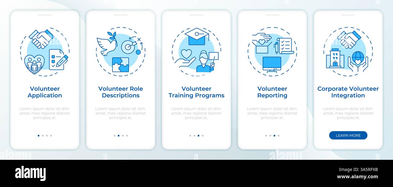 Volunteer program control blue onboarding mobile app screen Stock Vector