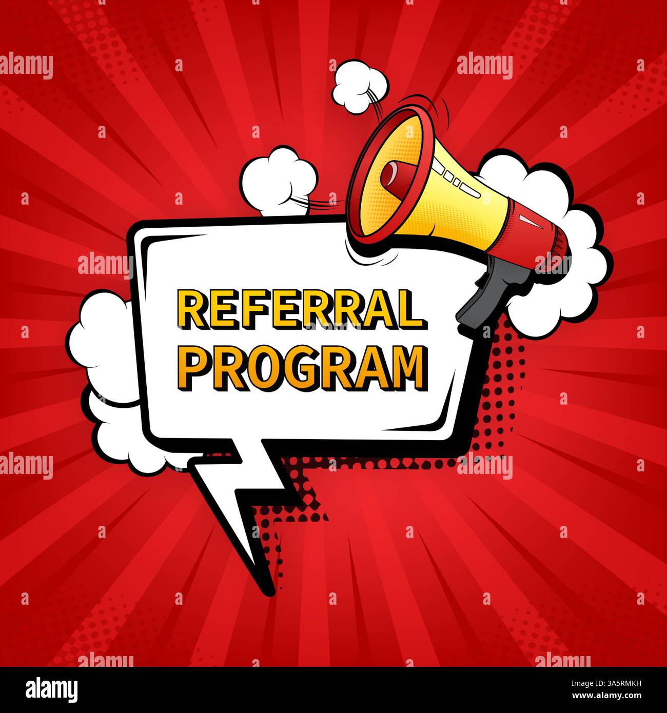 Referral program. Badge with megaphone icon. Pop style illustration on ...