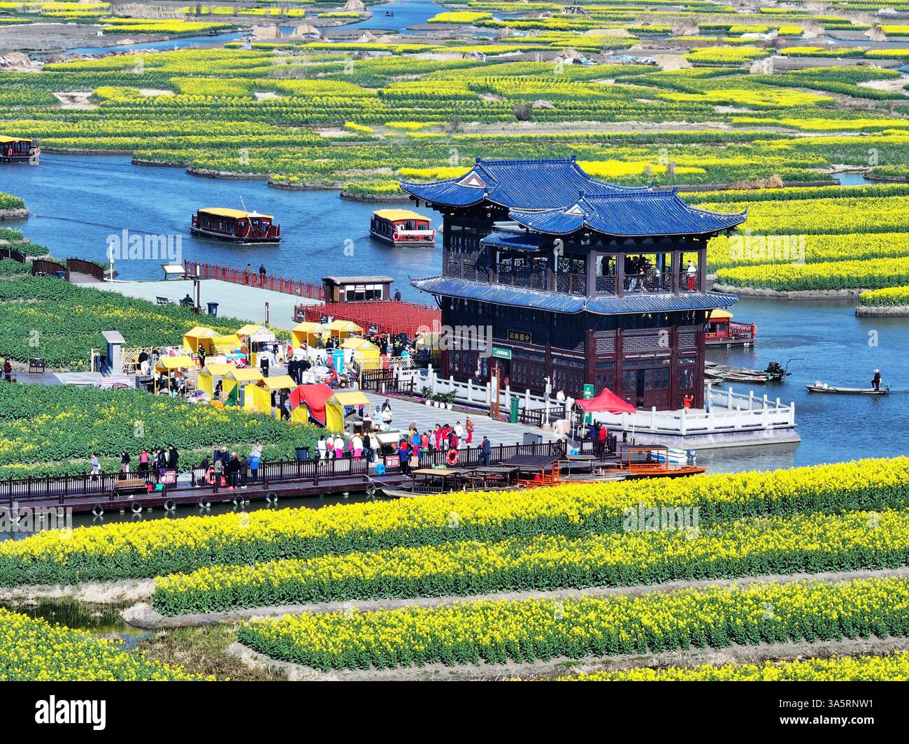 Aerial phot shows the Qianduo Cole Flower Scenic Area in Xinghua City ...