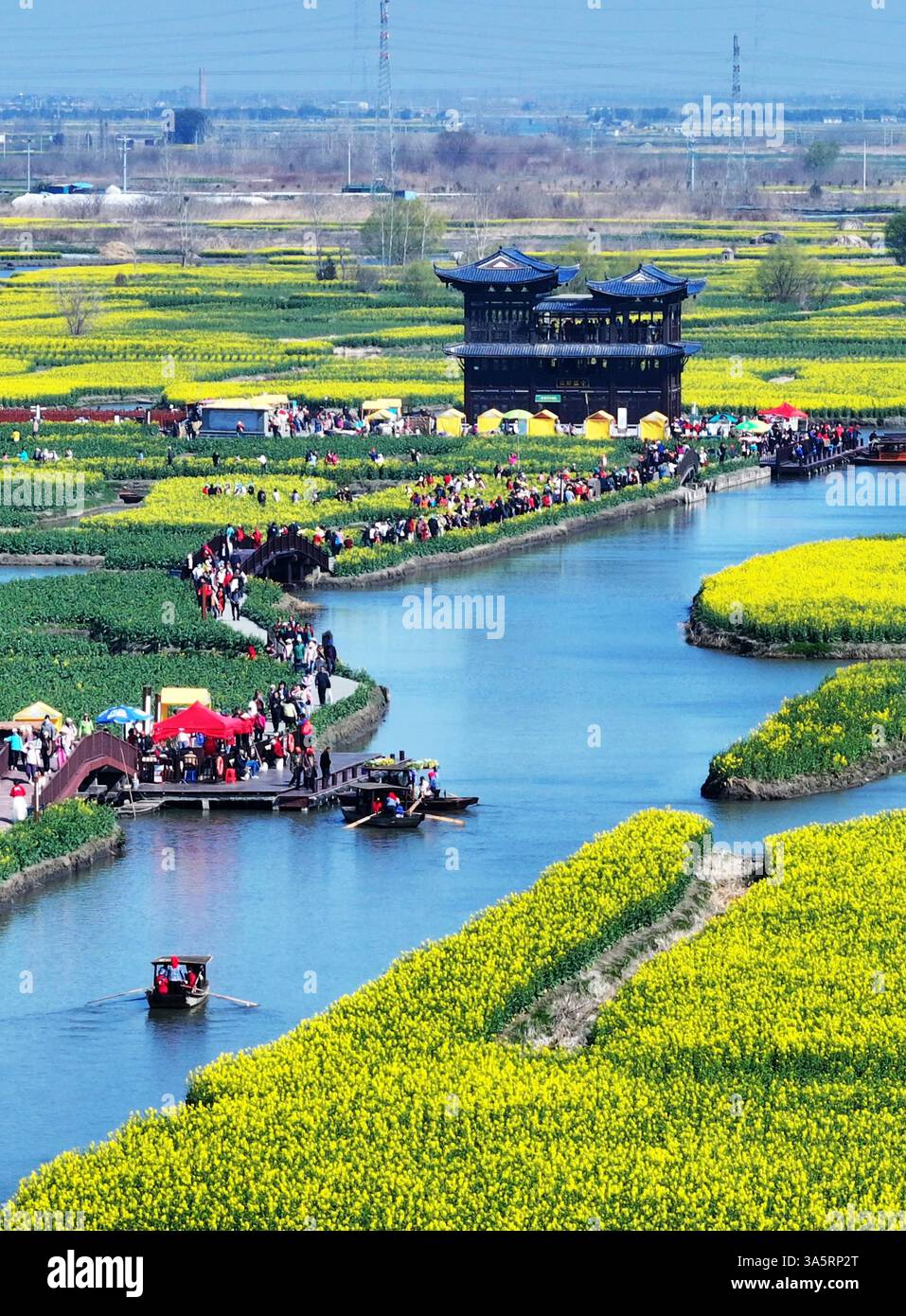 Aerial phot shows the Qianduo Cole Flower Scenic Area in Xinghua City ...