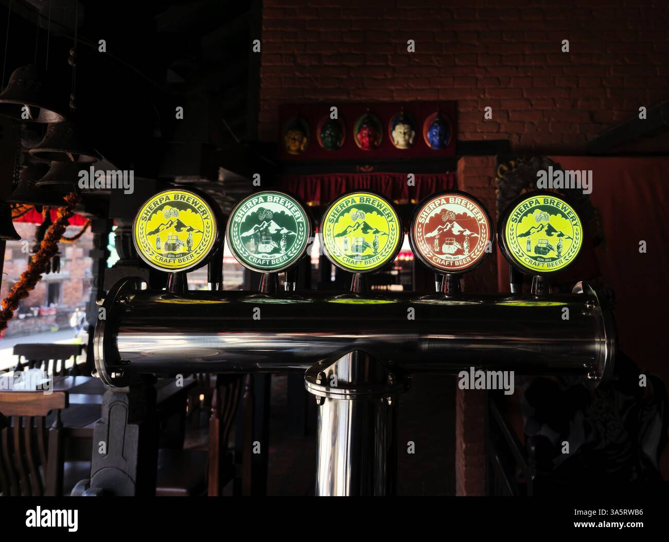 Sherpa draft beer in a local pub restaurant in Bhaktapur, Nepal. - Smartphone Captured Stock Image