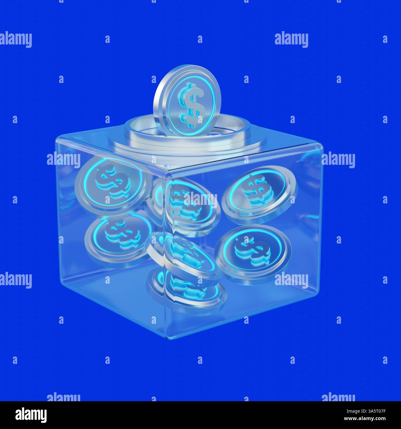 3D icon of a translucent blue safe revealing stacks of dollar coins ...