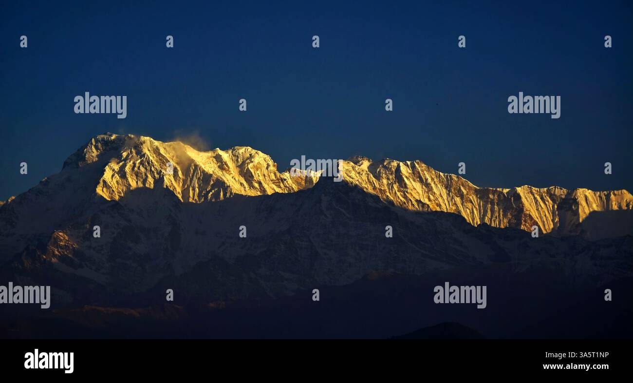 Sunrise view of the Annapurna mountains viewed from Sarangkot, Pokhara, Nepal. - Smartphone Captured Stock Image