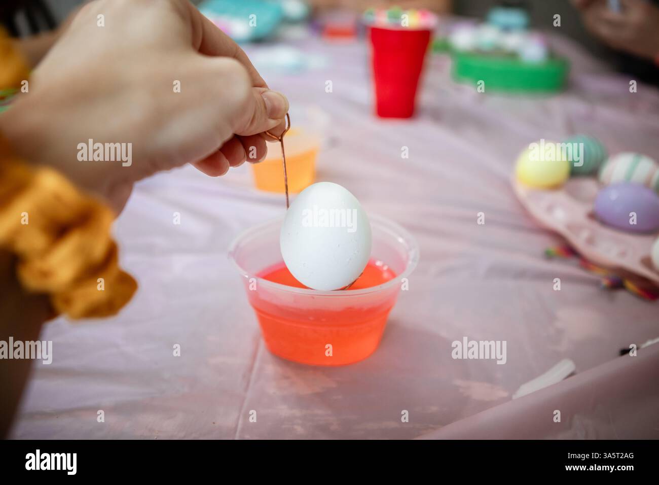 Close up of hand dipping egg into egg dye for Easter Stock Photo