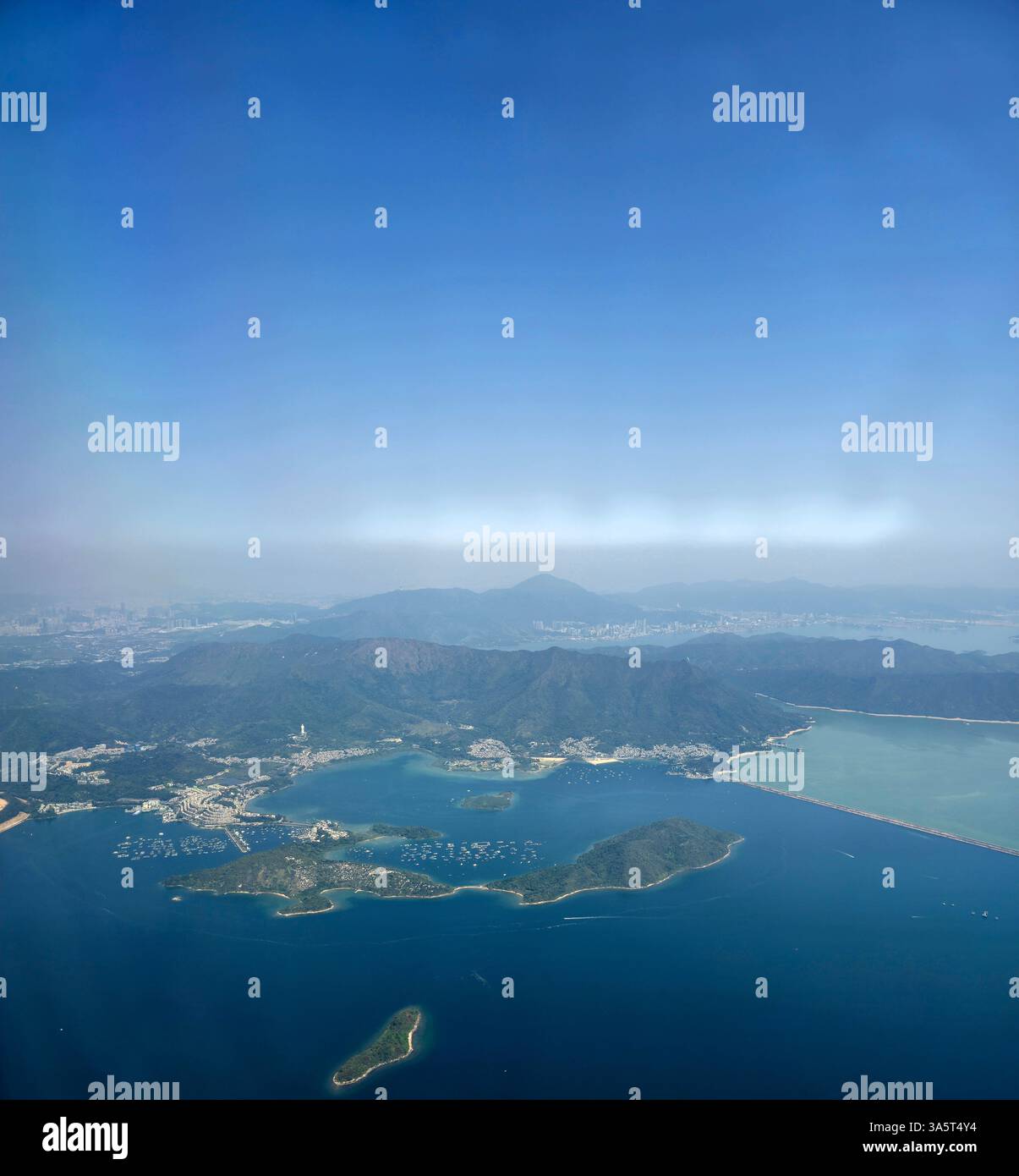 Aerial view of the Tai Po waterfront area in the New Territories in Hong Kong. - Smartphone Captured Stock Image