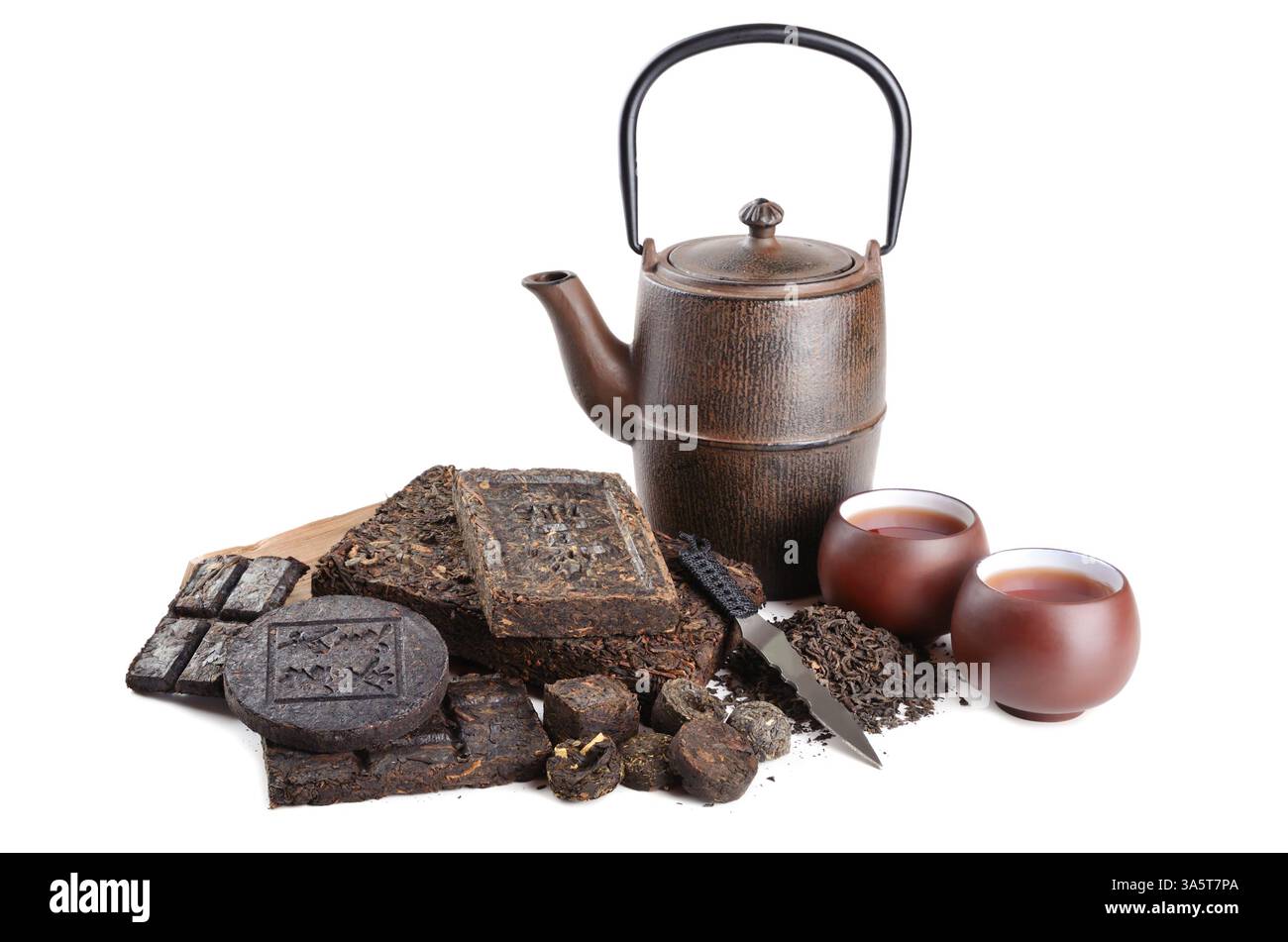 Various black compressed pu-erh chinese tea with special knife, cups ...