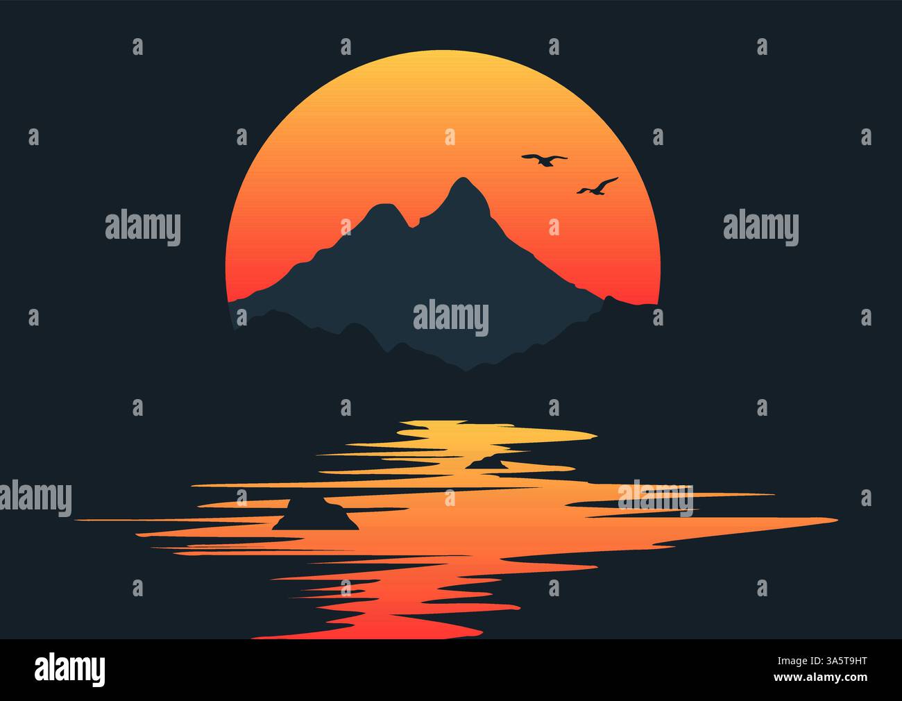 Abstract sunset mountain landscape in a minimal Japanese style Stock ...
