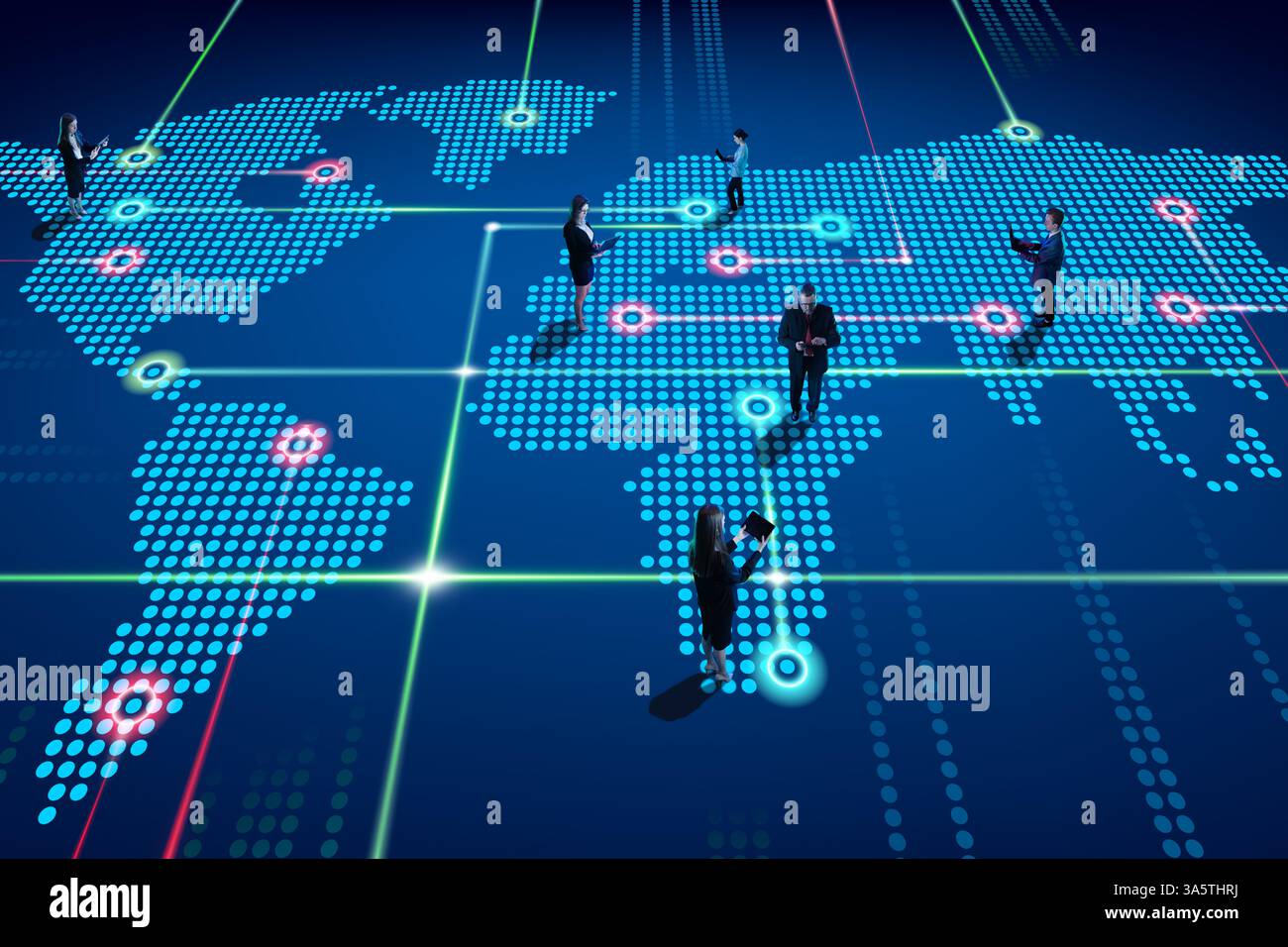 Business users standing on digital map with light nodes representing data points, network traffic and global connectivity Stock Photo