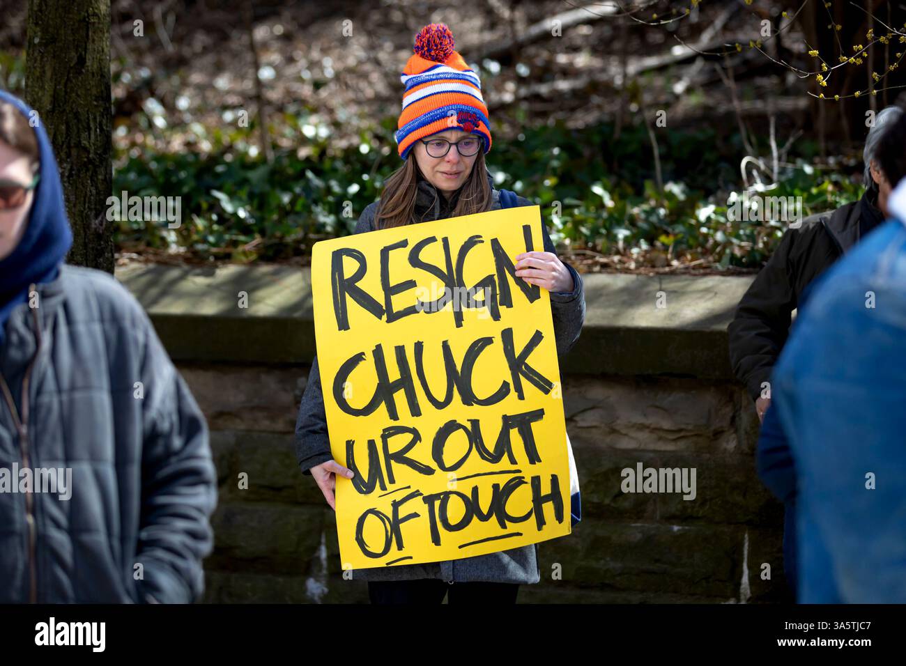New York City, United States. 23rd Mar, 2025. Hundreds rally outside of Senate Minority Leader Chuck Schumer's (D-NY) home. Protestors are calling for Schumer to resign after what they call 'a devastating lack of leadership' after he voted for a GOP-written funding patch to avert a government shutdown, claiming it was the better of two bad options. (Photo by Michael Nigro/Pacific Press) Credit: Pacific Press Media Production Corp./Alamy Live News Stock Photo