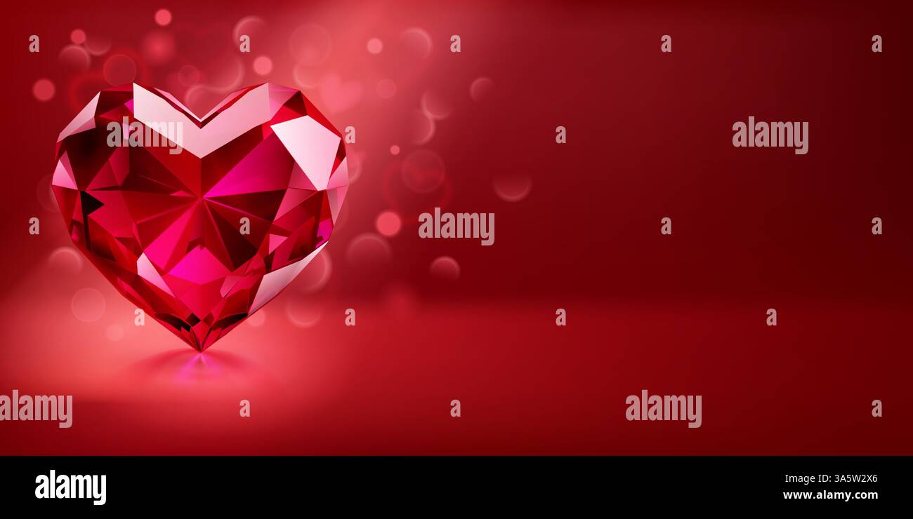 A gleaming red heart-shaped gemstone is set against a gradient red background with scattered light effects, adding a romantic and elegant atmosphere. Stock Vector