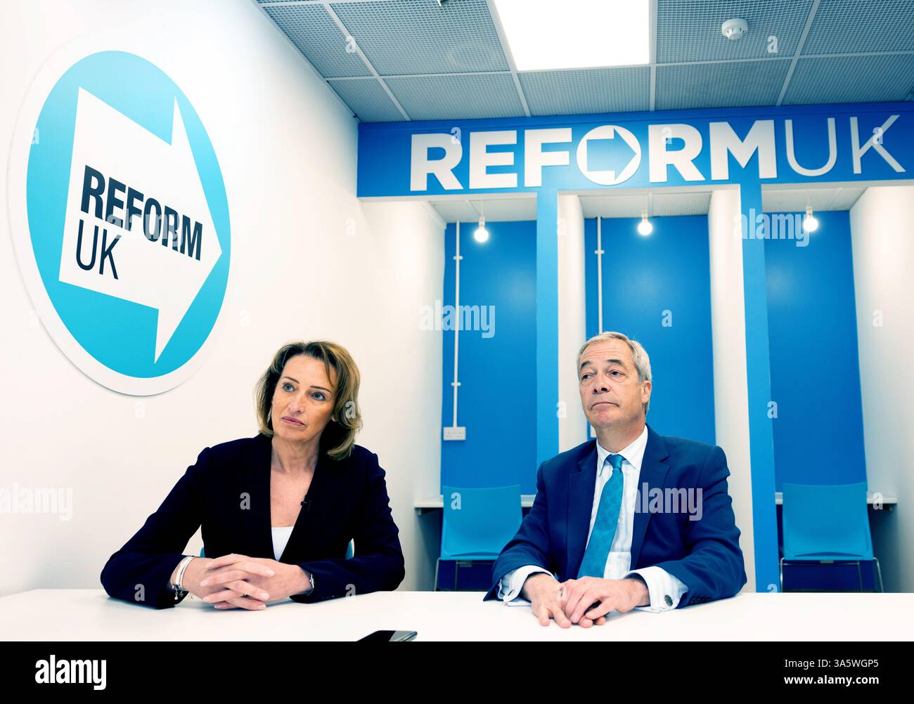 Reform UK leader Nigel Farage and newly announced party candidate for ...